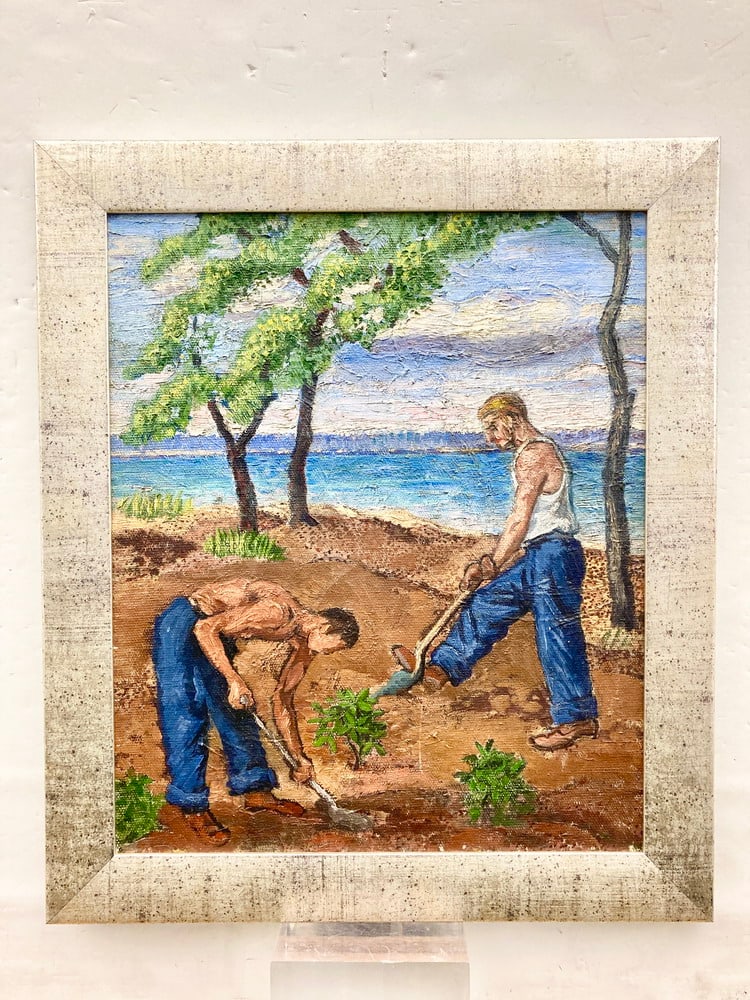 ATTRIBUTED TO STEWART WHEELER (American, 1906 - 1975). Men Planting, Oil on canvas. Unsigned. (1 of 7)