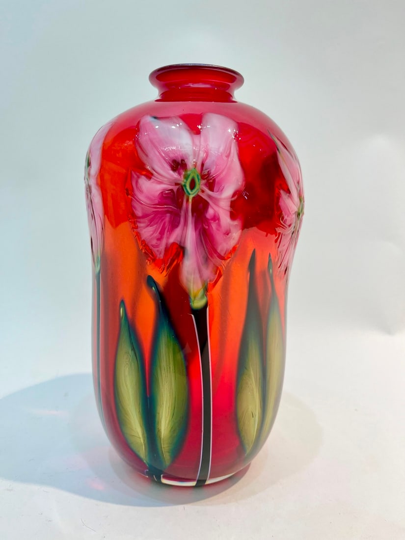 SIGNED CHARLES LOTTON MULTI-FLORA ART GLASS VASE, 1990. - 9 in. x 5 in. (1 of 7)