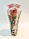 SIGNED JOHN LOTTON IRIDESCENT "HOLLYHOCKS" ART GLASS VASE WITH FLARING, RUFFLED LIP, dated 1990. -