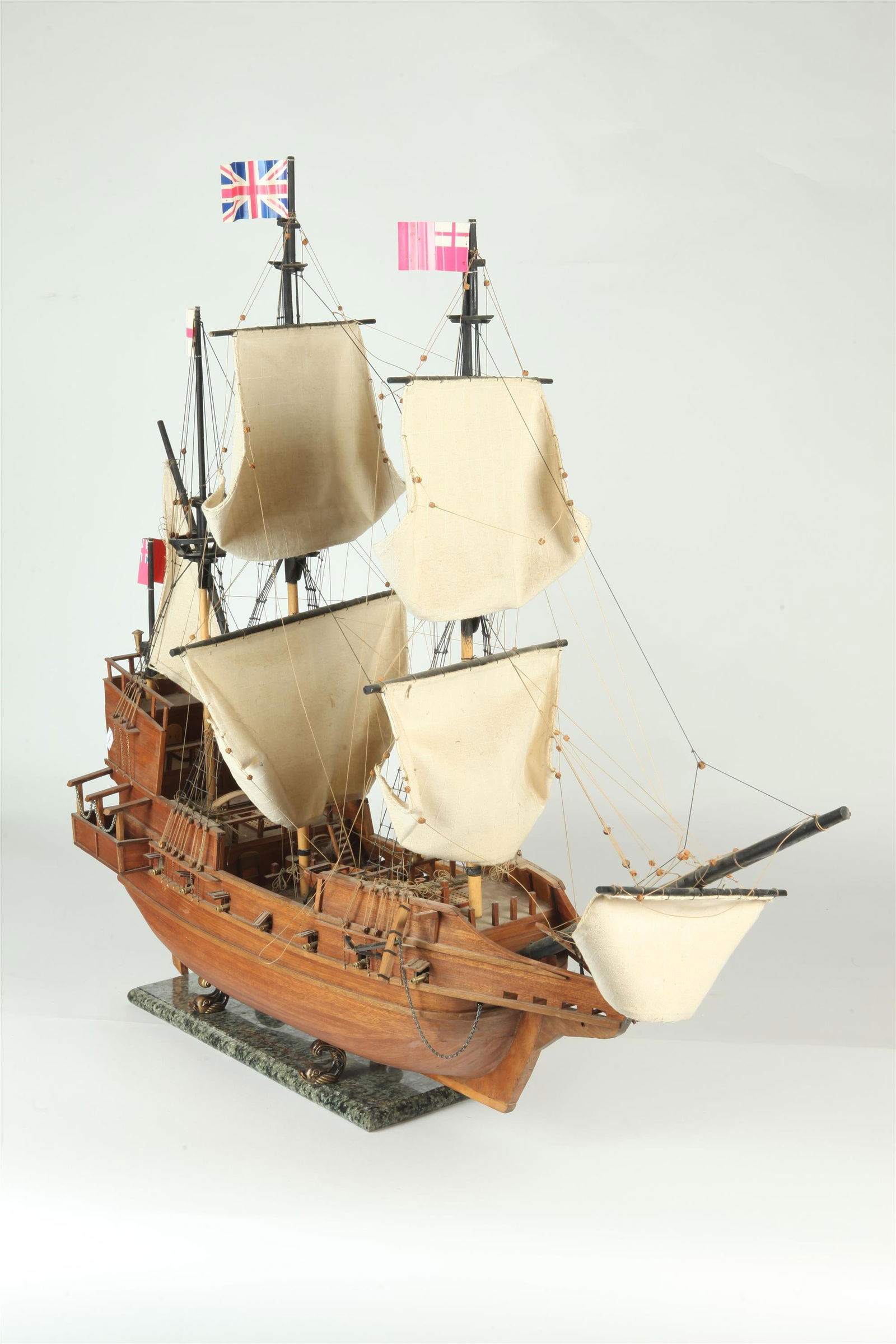 EARLY-TO-MID-20TH CENTURY CARVED WOOD MODEL OF THREE-MASTED BRITISH WAR SHIP, - H: 32"; L: 36," (1 of 17)