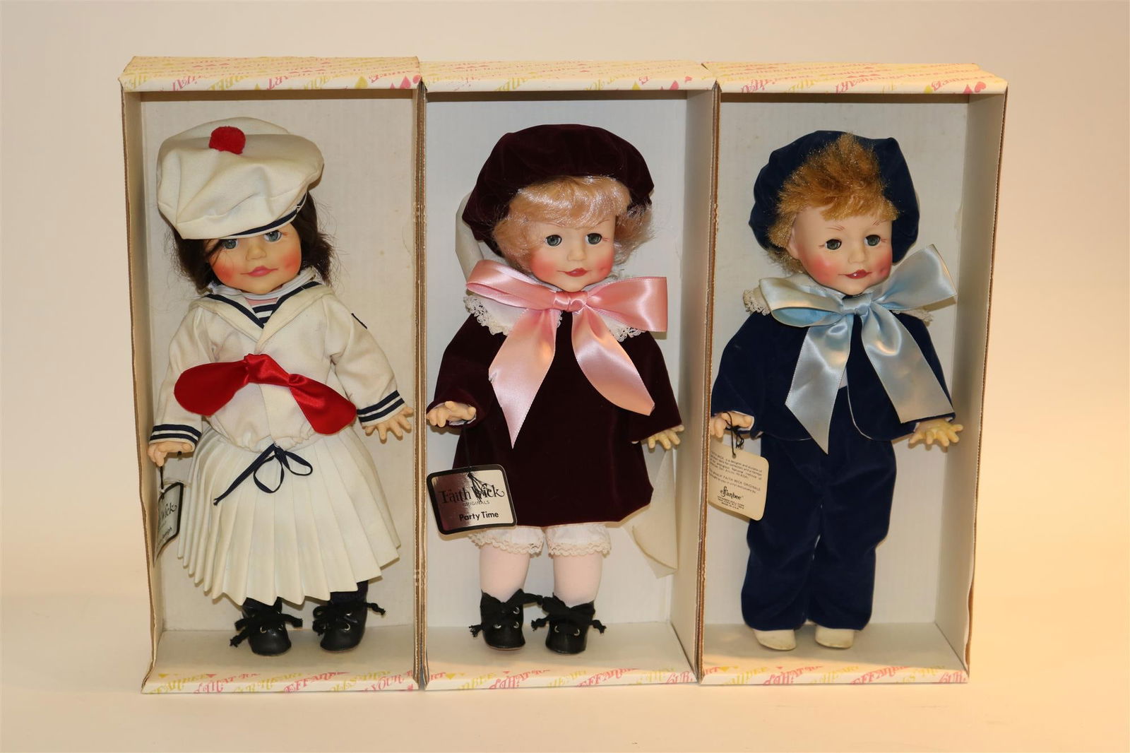 THREE EFFANBEE HARD PLASTIC DOLLS INCLUDE BOY AND GIRL "PARTY TIME", #9384, #7001 and #7002.: THREE EFFANBEE HARD PLASTIC DOLLS INCLUDE BOY AND GIRL "PARTY TIME", #9384, #7001 and #7002. All in original boxes
