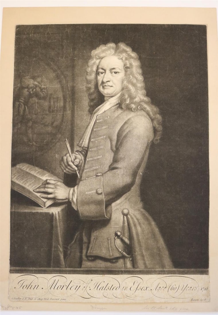 JOHN SIMON (British, circa 1675-1751). John Morley of Halsted in Essex Aged (60) Years 1716,: JOHN SIMON (British, circa 1675-1751). John Morley of Halsted in Essex Aged (60) Years 1716, Mezzotint after artworks by Sir Godfrey Kneller (British, 1646-1723). Inscription "G. Kneller S.R. Imp. et