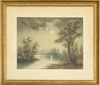 AMERICAN SCHOOL (Mid 19th Century). Late Afternoon Landscape, Coloured engraving. Framed. Not: AMERICAN SCHOOL (Mid 19th Century). Late Afternoon Landscape, Coloured engraving. Framed. Not examined out of frame. - 13.5" x 18"; Frame 22.5" x 26.5"