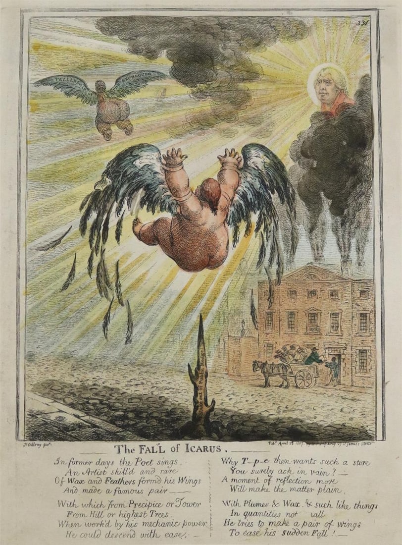 JAMES GILLRAY (British, 1757-1815). Pair: "The Fall of Icarus" and "John Bull and the Sinking Fund",: JAMES GILLRAY (British, 1757-1815). Pair: "The Fall of Icarus" and "John Bull and the Sinking Fund", Present impressions were likely included in "The Works of James Gillray, from the Original Plates,