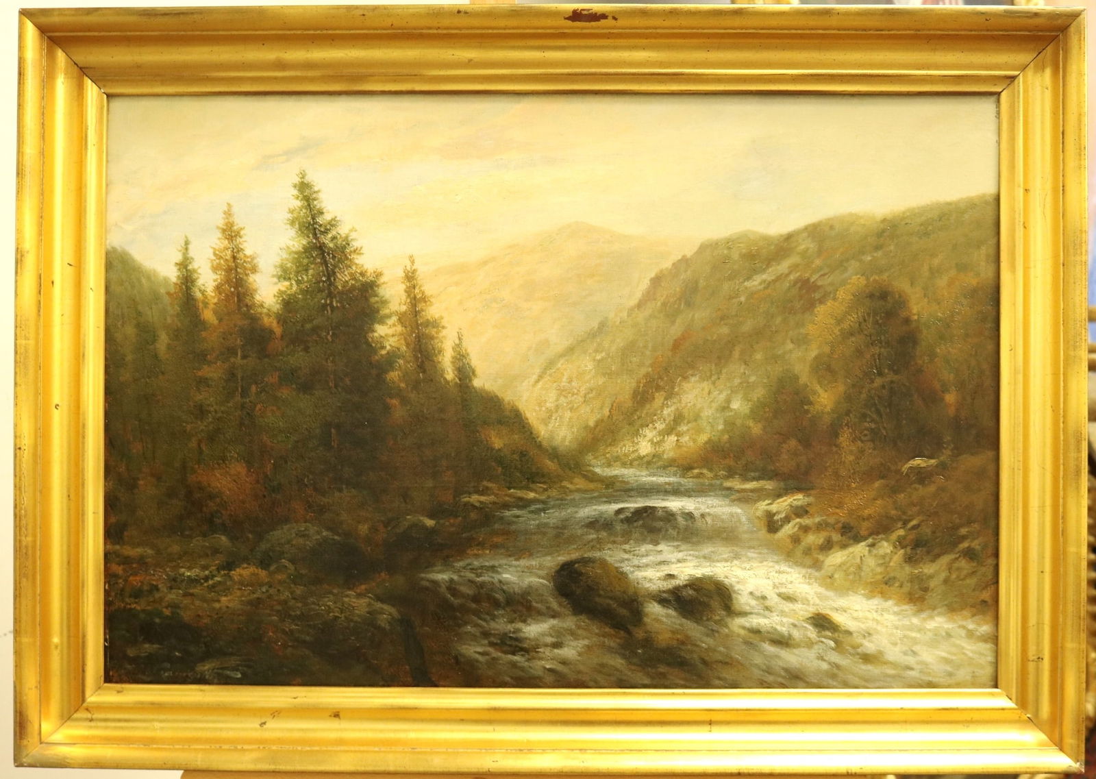 AMERICAN SCHOOL (19th century). Rocky Rushing Stream, Oil on board of a landscape, mountain scene (1 of 16)