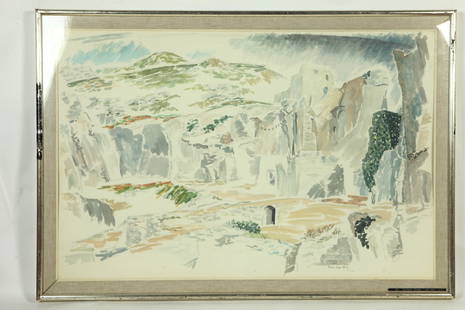 PRENTISS TAYLOR (American, 1907 - 1991). CHATEAU FEODAL -- LES BAUX, 1967, Watercolor on paper. Ink: PRENTISS TAYLOR (American, 1907 - 1991). CHATEAU FEODAL -- LES BAUX, 1967, Watercolor on paper. Ink dated and signed at base. Verso titled. Framed. Not examined out of frame. ARTIST PROFILE: Prentiss