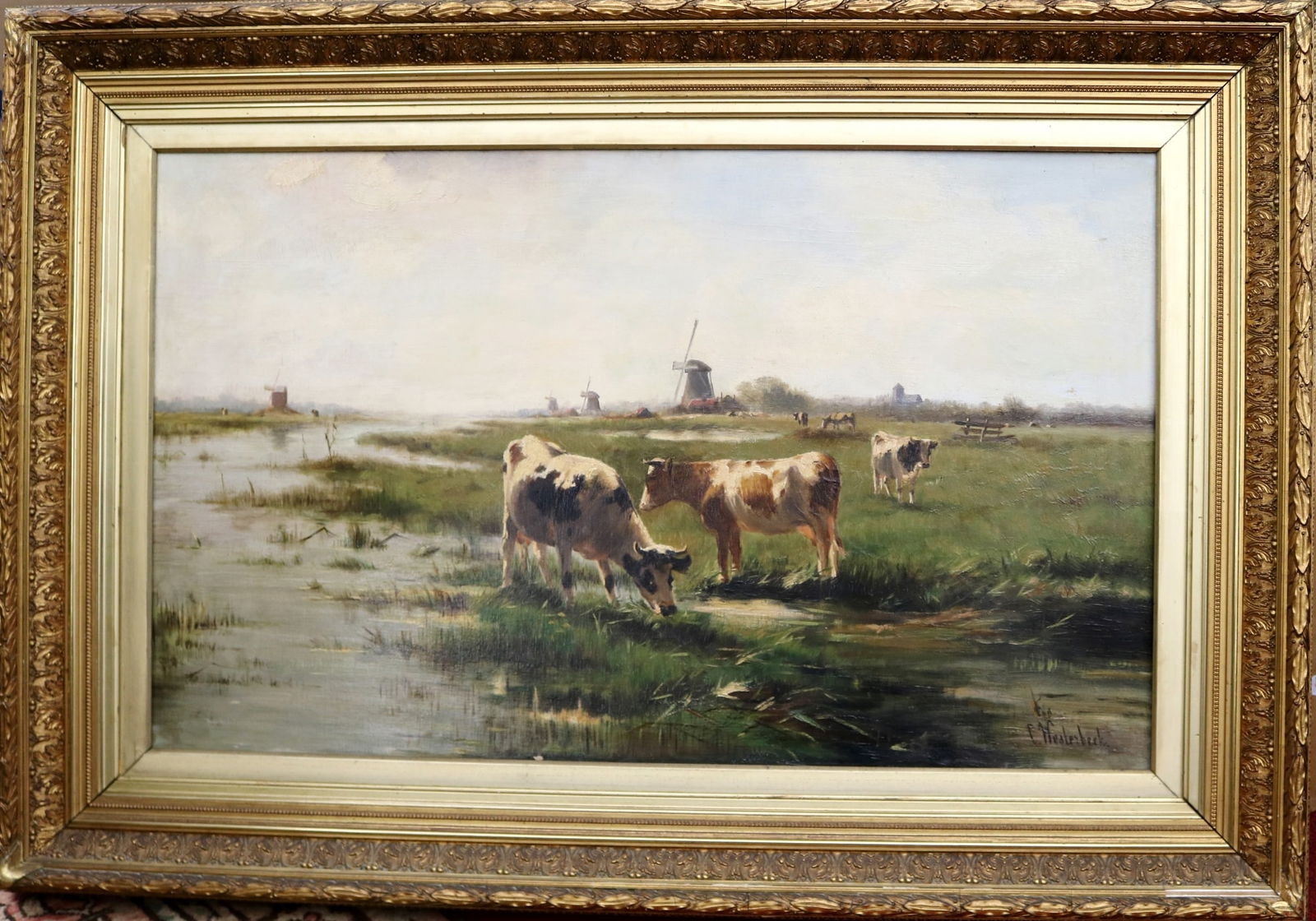 CORNELIS WESTERBEEK (Dutch, 1844-1903). Summer Landscape with Cows by the Water, oil on canvas laid: CORNELIS WESTERBEEK (Dutch, 1844-1903). Summer Landscape with Cows by the Water, oil on canvas laid on board. Signed lower right hand corner. Framed. - 24 x 38 inches; frame: 34 x 48 inches