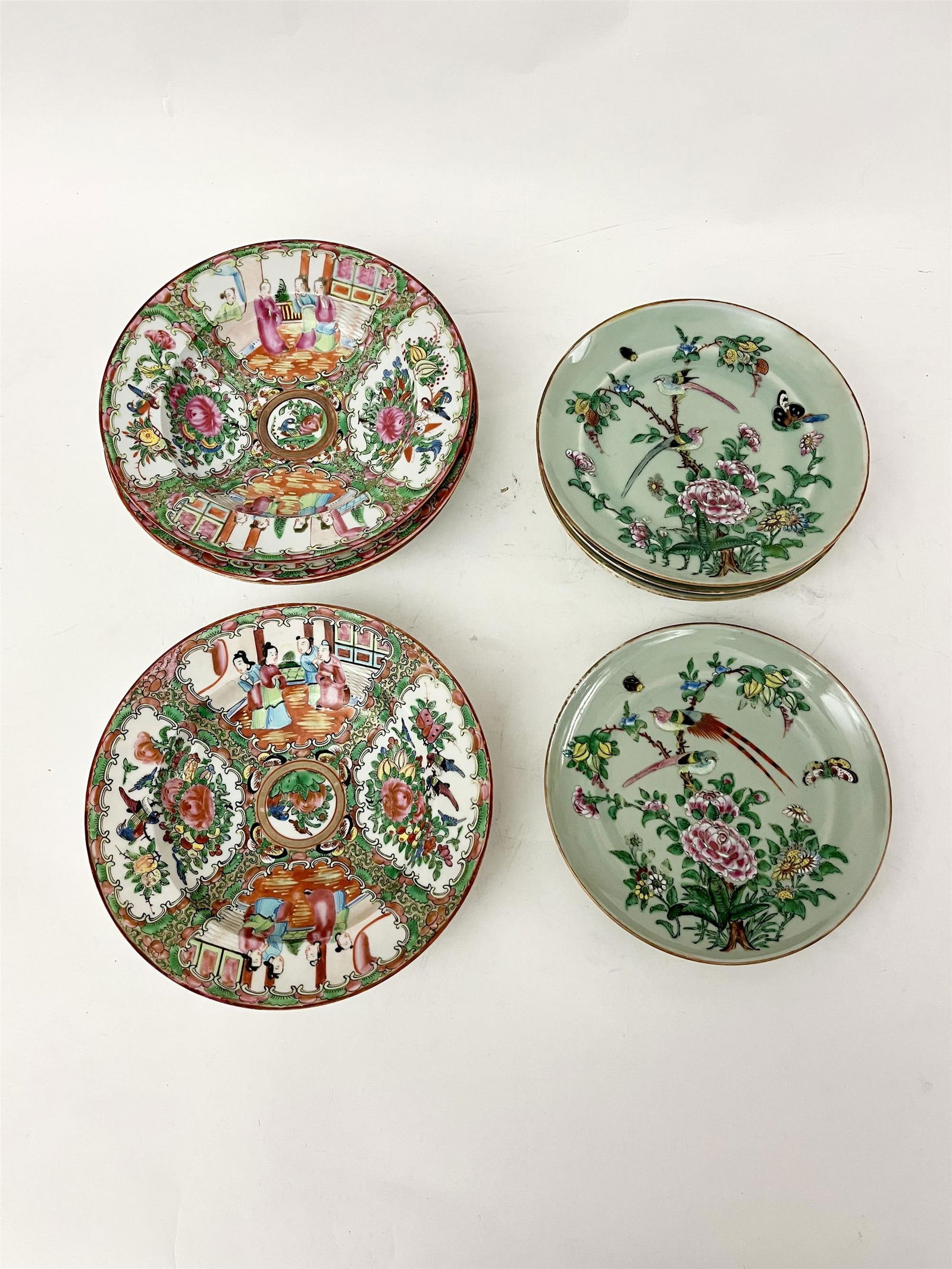 SET SIX CHINESE ROSE MEDALLION PORCELAIN DESSERT/SALAD PLATES WITH CELADON GROUNDS, AND SET FOUR (1 of 1)
