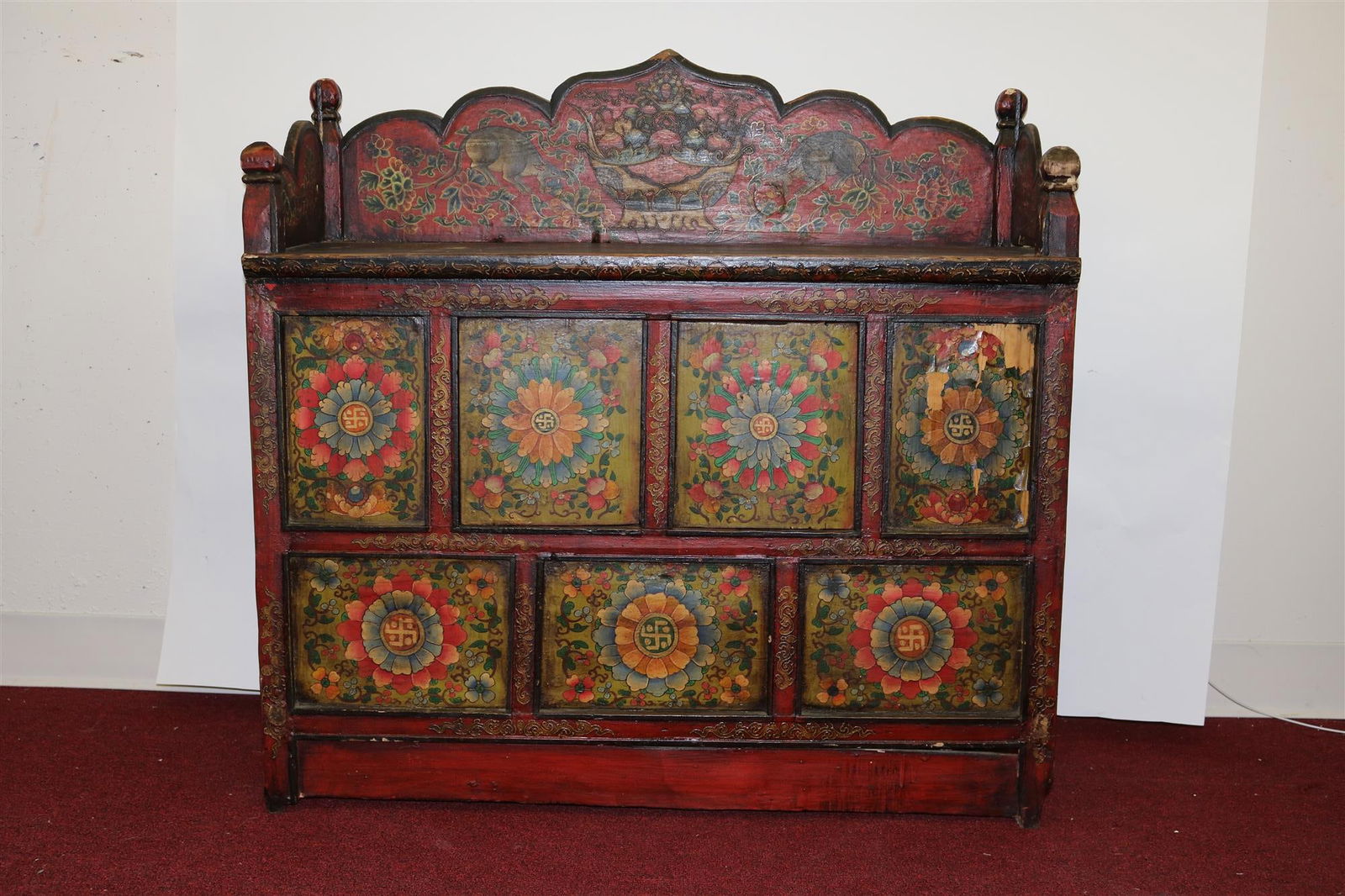TIBETAN POLYCHROME WOOD ALTAR TABLE, circa 1820. - 34 in. x 34 in. x 13 1/2 in. (1 of 12)