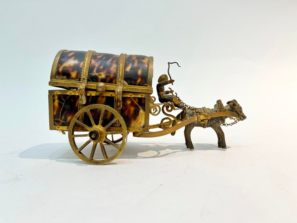 19TH CENTURY CONTINENTAL TORTOISESHELL, BRASS AND BRONZE PERFUME BOX IN THE FORM OF A DONKEY-DRAWN (1 of 11)