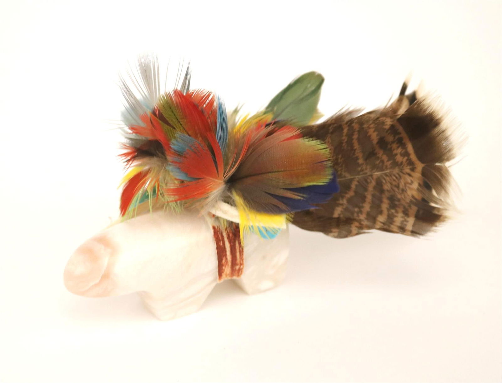 NATIVE AMERICAN ZUNI FETISH CARVED STONE BEAR WITH FEATHERS, (1 of 4)