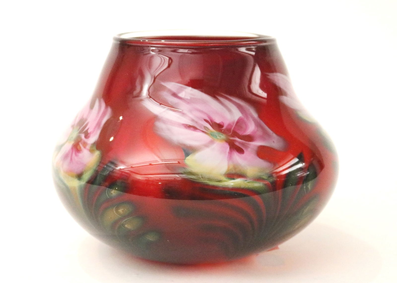 SIGNED JOHN LOTTON RUBY RED FLORA ART GLASS VASE. - H: 6 in. (1 of 16)