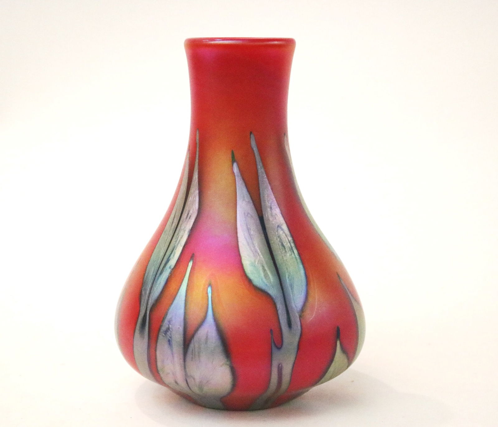CHARLES LOTTON MANDARIN RED AND IRIDESCENT BLUE ART GLASS VASE, (1 of 20)