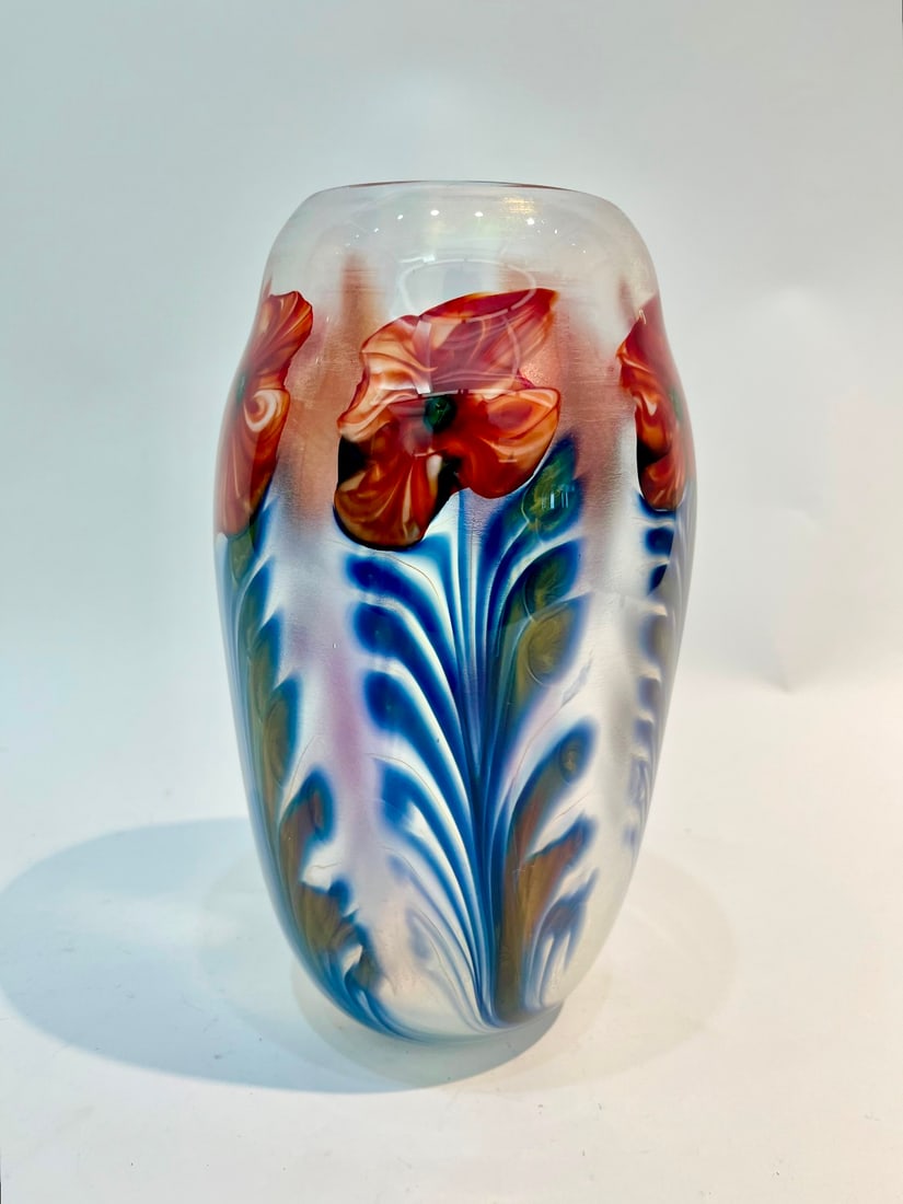 SIGNED CHARLES LOTTON MULTI-FLORA IRIDESCENT OVOID ART GLASS VASE, Signed Charles Lotton, 1984. - H: (1 of 8)