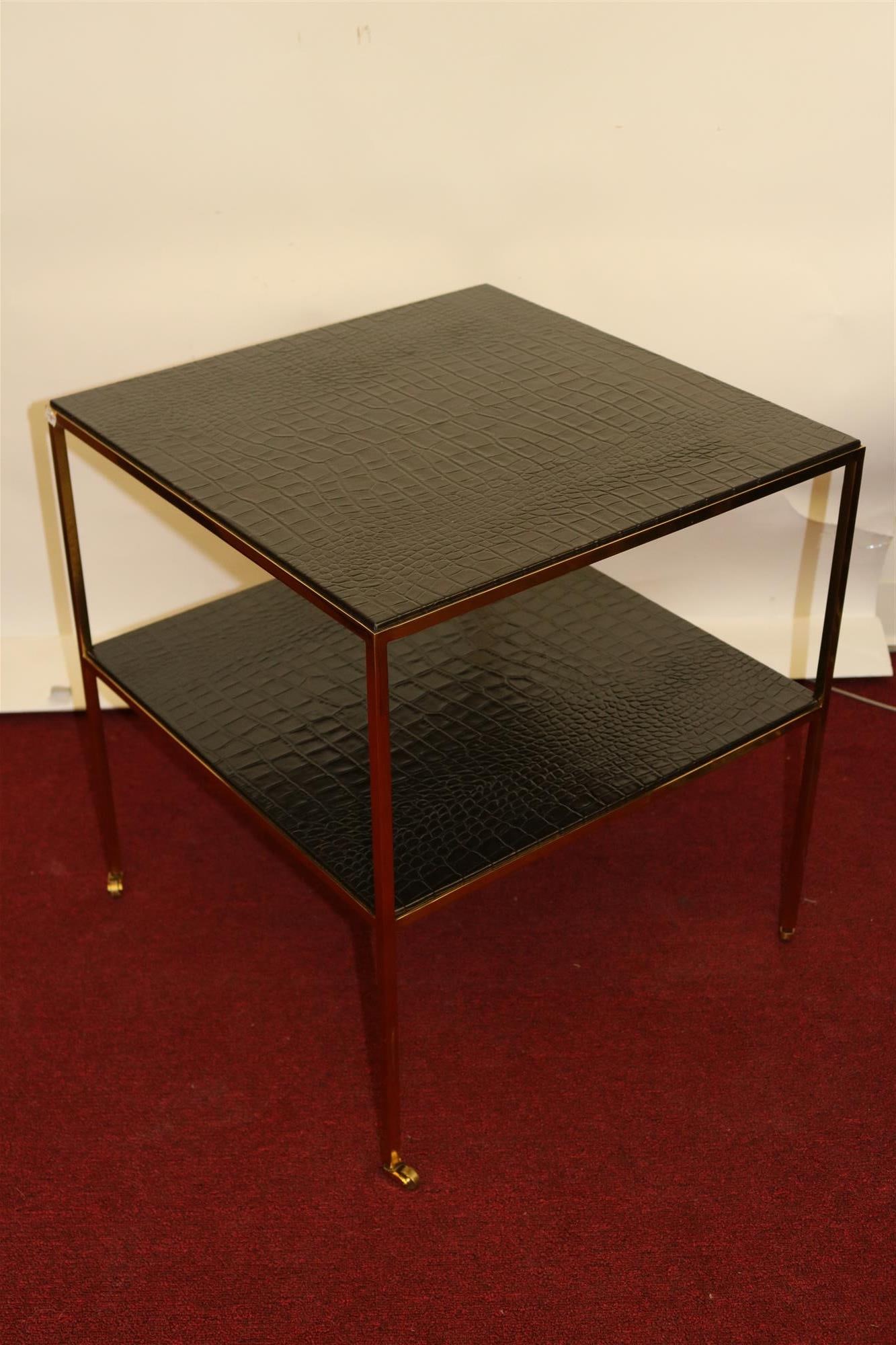 CONTEMPORARY RALPH LAUREN BLACK "CROCODILE" PRESSED LEATHER TWO-TIERED SIDE TABLE WITH BRASS FRAME (1 of 5)