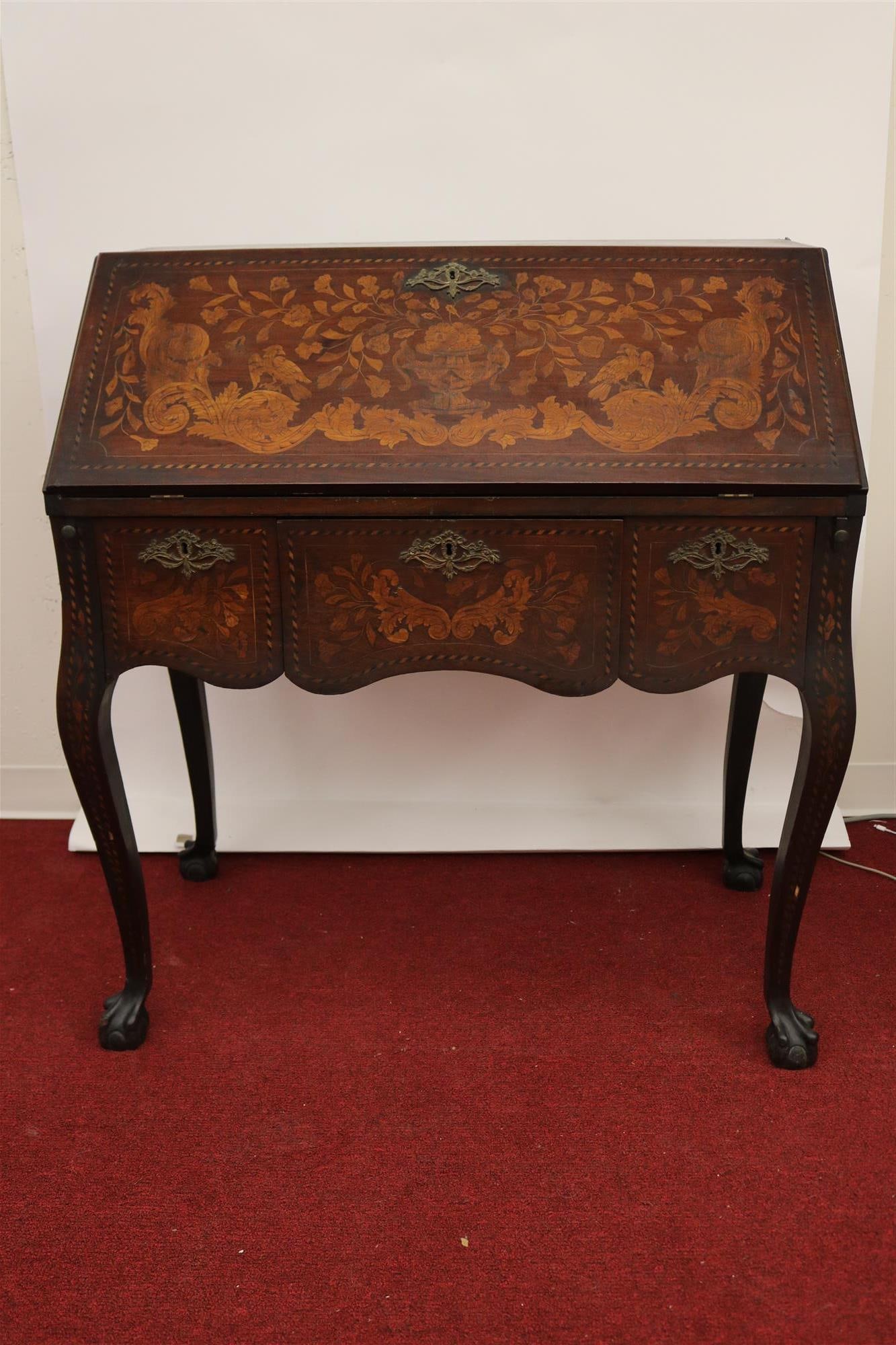 19TH CENTURY DUTCH MARQUETRY INLAID SLANT-FRONT DESK. - H: 39 1/2"; W: 36 1/4", D: 21". (1 of 9)