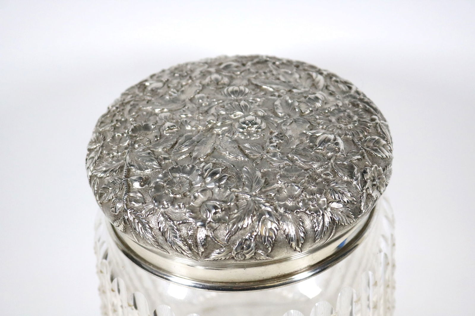 LATE 19TH-EARLY 20TH CENTURY S. KIRK & SON CUT COLORLESS CRYSTAL BISCUIT BARREL WITH STERLING SILVER (1 of 7)