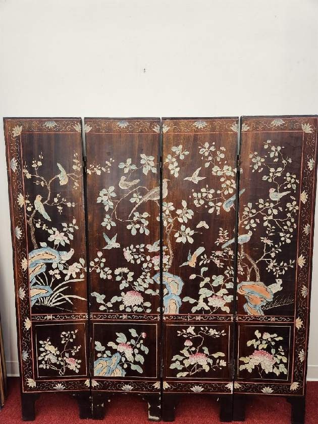 CHINESE COROMANDEL INCISED AND PAINTED TEAKWOOD FOUR-FOLD FLOOR SCREEN. - H: 60 in., W: 56 in. (1 of 4)