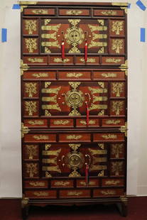 KOREAN BRASS-MOUNTED WOOD CHEST. - 70 in. high.: KOREAN BRASS-MOUNTED WOOD CHEST. In three parts - 70 in. high.
