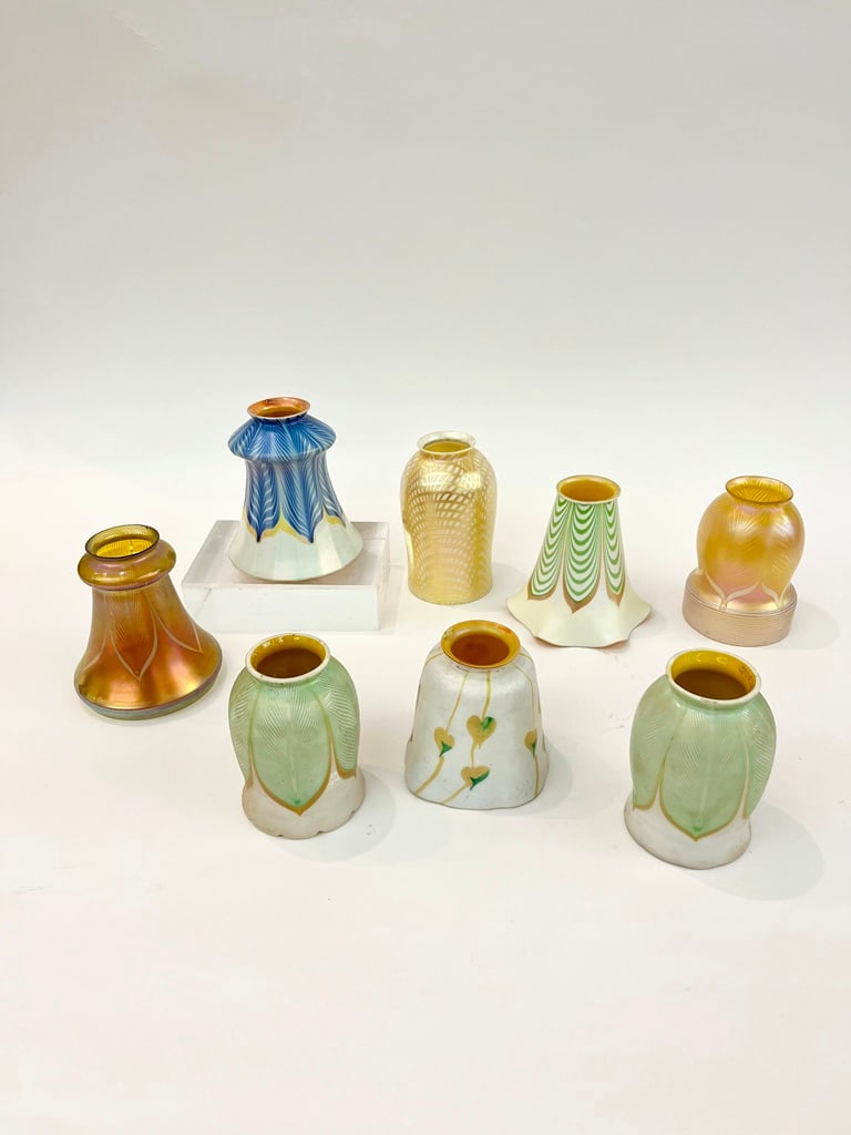 GROUP EIGHT ASSORTED FAVRILE AND OTHER ART GLASS LAMP SHADES. - Tallest, H: 6". (1 of 19)