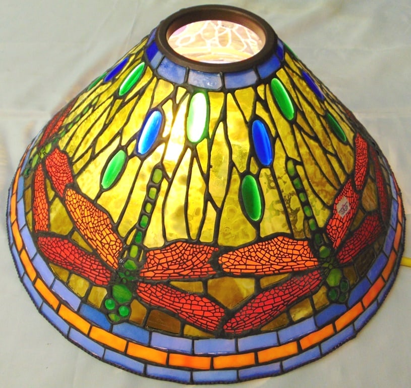 TIFFANY STYLE SLAG ART GLASS TABLE LAMP SHADE WITH DRAGONFLY MOTIF, - H: 10 in.; D: 20 in. (1 of 6)