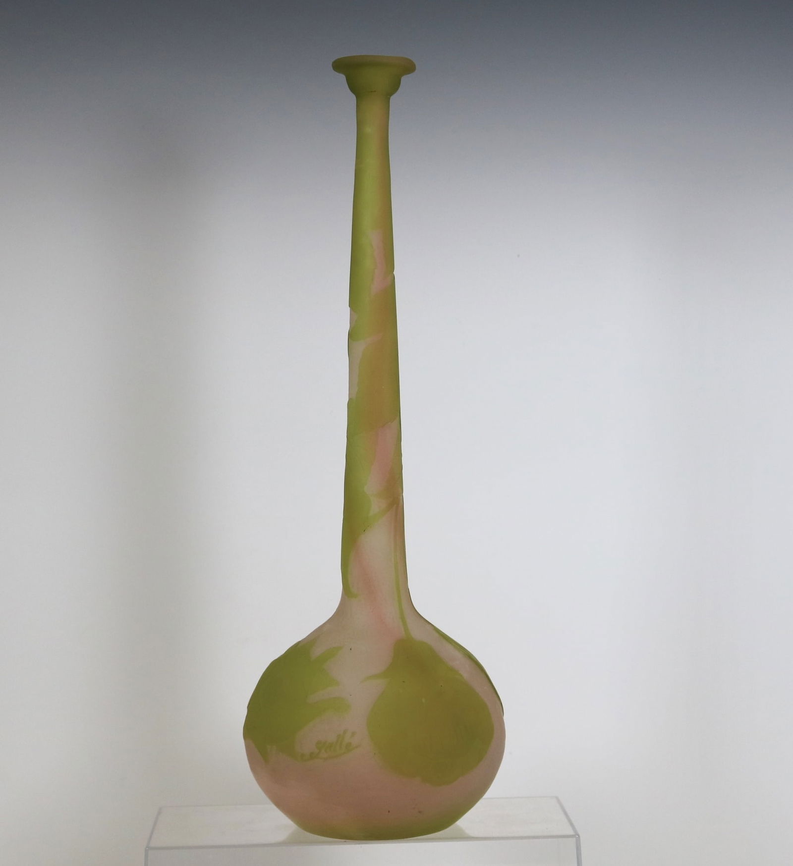 SIGNED GALLE ELONGATED BOTTLE-FORM CAMEO ART GLASS VASE. (1 of 15)