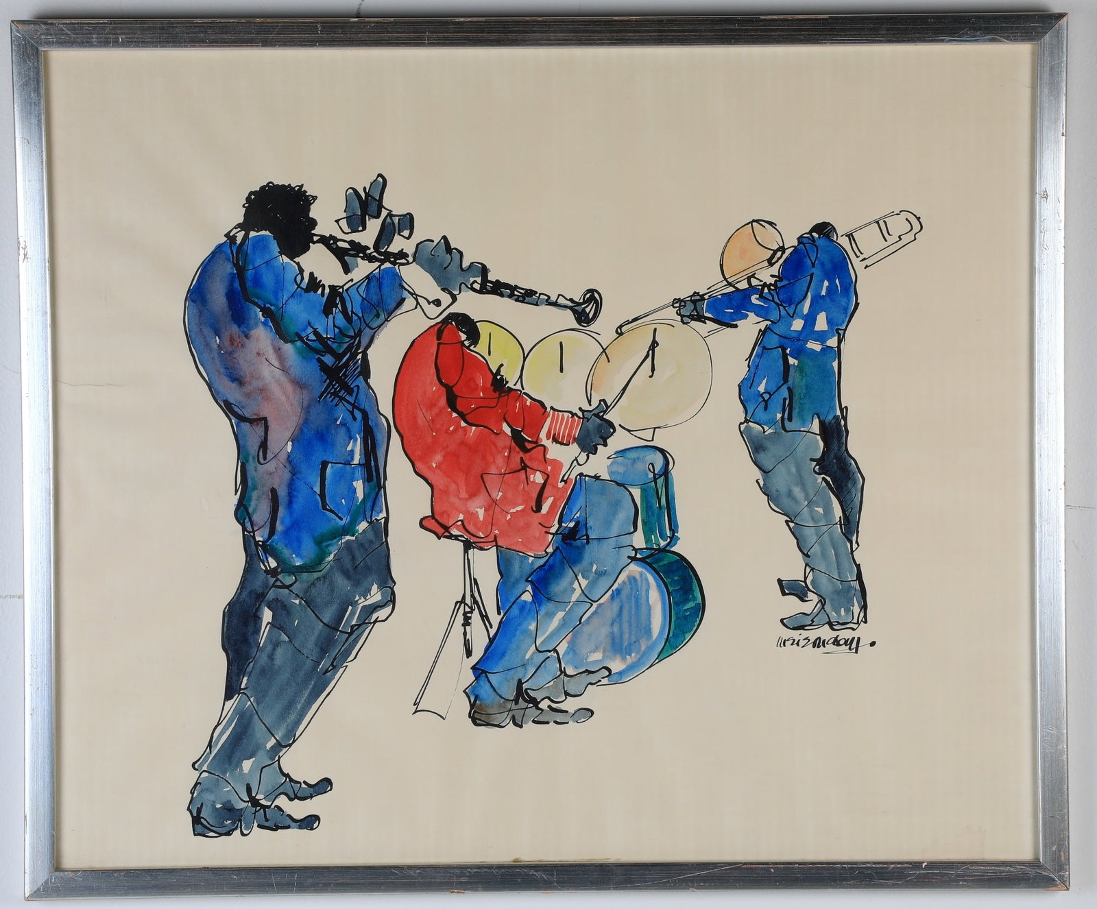 LEO MEIERSDORFF (American / German, 1934 - 1994). JAZZ MUSICIANS, Watercolor and ink on paper.: LEO MEIERSDORFF (American / German, 1934 - 1994). JAZZ MUSICIANS, Watercolor and ink on paper. Signed lower right hand corner. Framed. Not examined out of frame. ARTIST PROFILE: Leo Meiersdorff was an