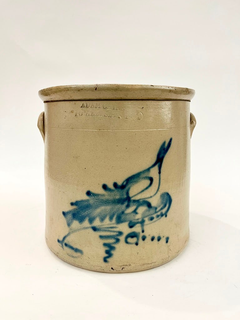 AMERICAN BLUE-SLIP DECORATED STONEWARE FIVE-GALLON CROCK, 19th century. - H: 12 1/4 in. (1 of 7)