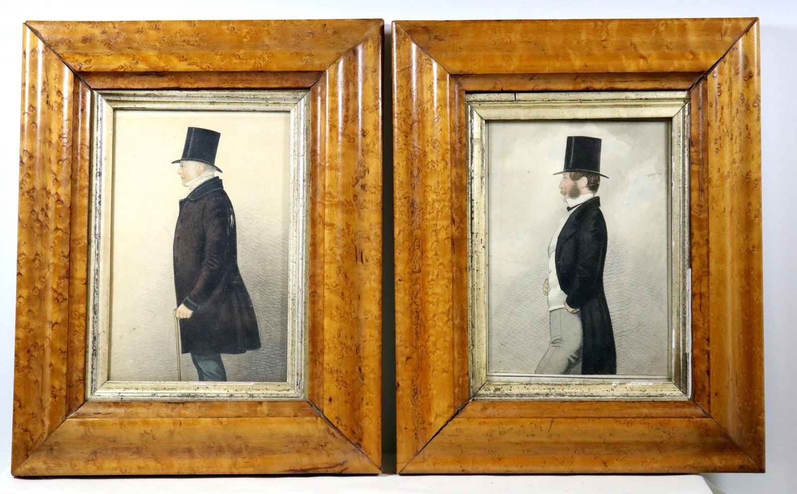 PAIR OF WATERCOLOR THREE-QUARTER PORTRAITS OF GENTLEMEN IN TOP HATS, Early 19th century, likely (1 of 13)