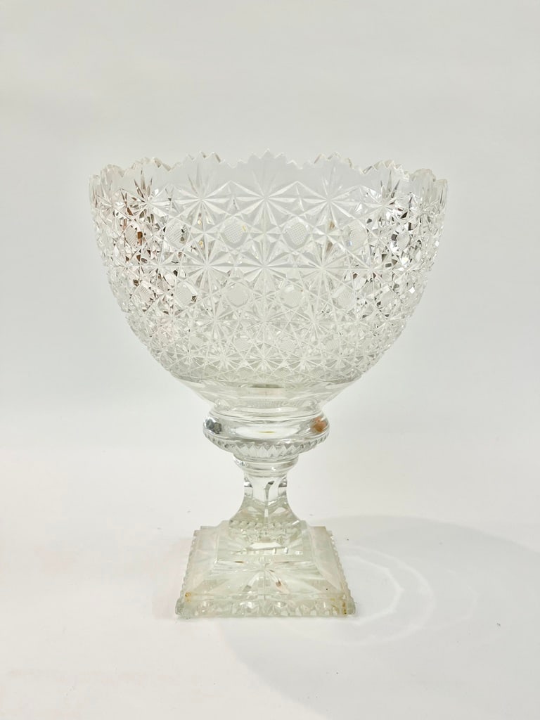 AMERICAN BRILLIANT PERIOD CUT COLORLESS CRYSTAL DEEP PEDESTAL BASE BOWL. - H: 11 1/2"; D: 9 1/2". (1 of 3)
