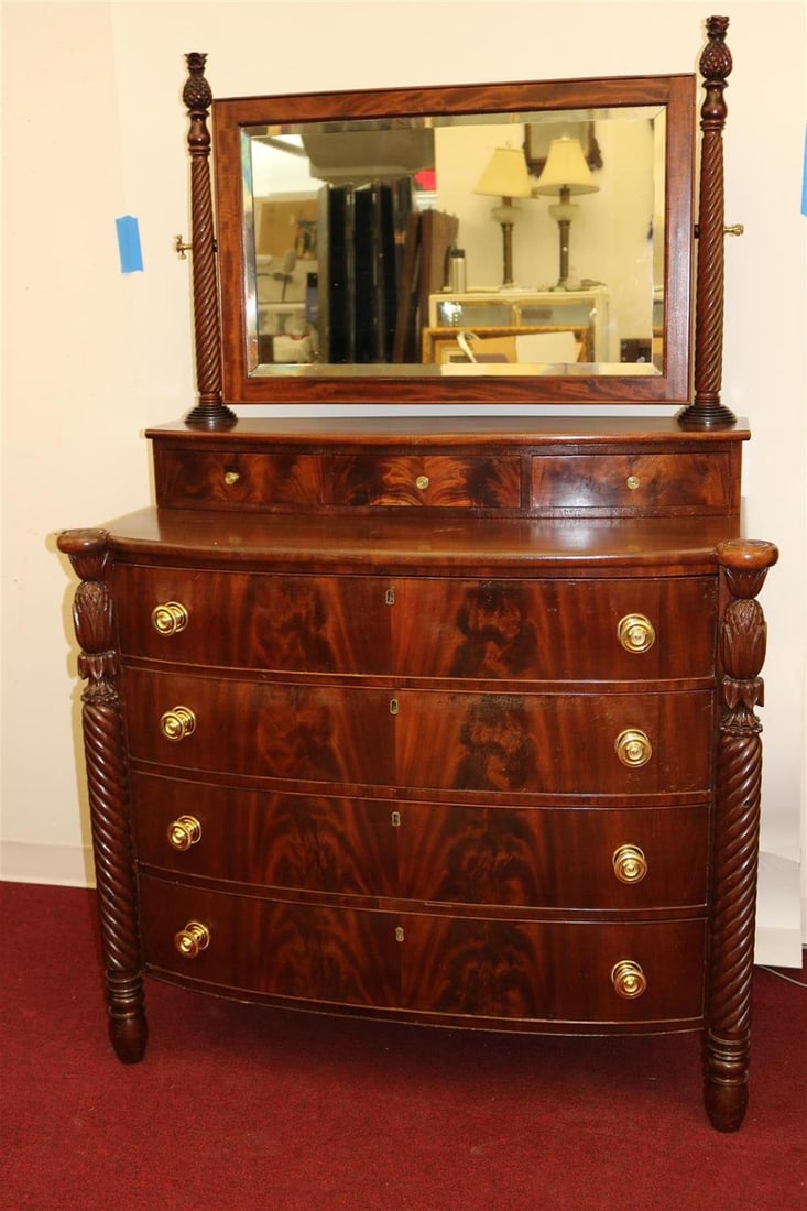 MASSACHUSETTS SHERATON MAHOGANY FOUR-DRAWER BOWFRONT CHEST WITH THREE-DRAWER CHEVAL MIRROR (1 of 6)