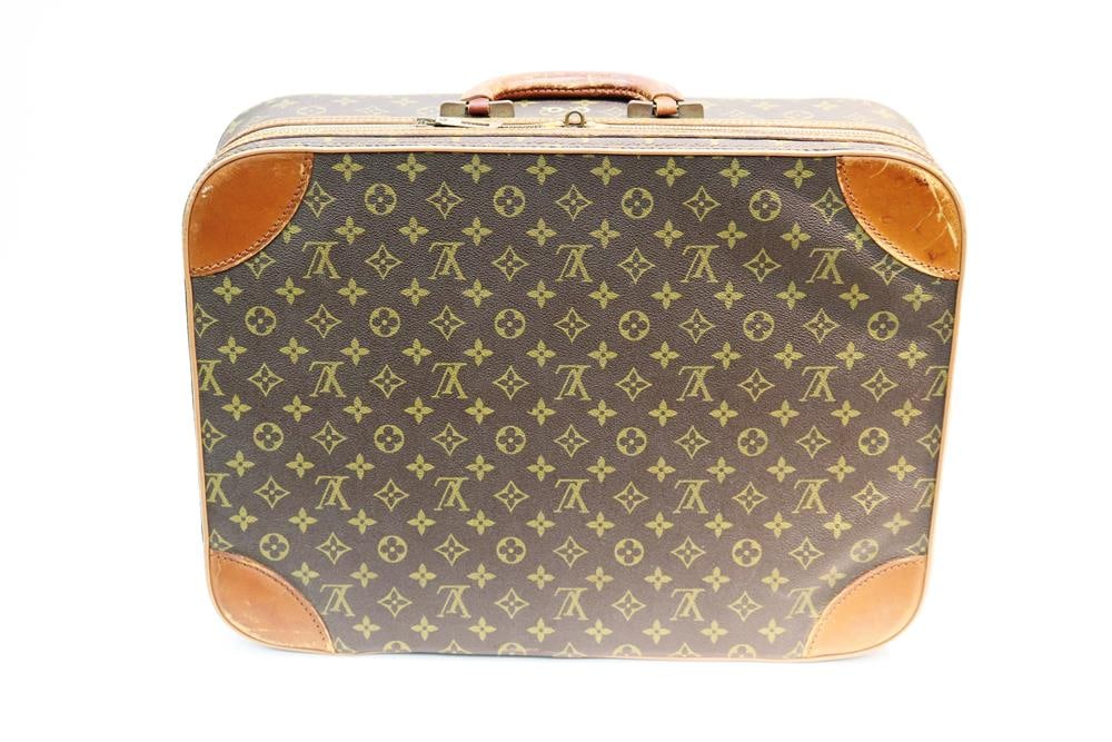 VINTAGE LOUIS VUITTON LOGO PRINTED SUITCASE WITH BROWN LEATHER TRIM, - 14 1/2 in. x 19 1/4 in. (1 of 4)