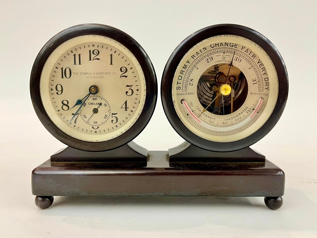 EARLY 20TH CENTURY BRONZE DESK CLOCK/BAROMETER. Retailed by The Cowell & Hublard Co. Cleveland. (1 of 8)
