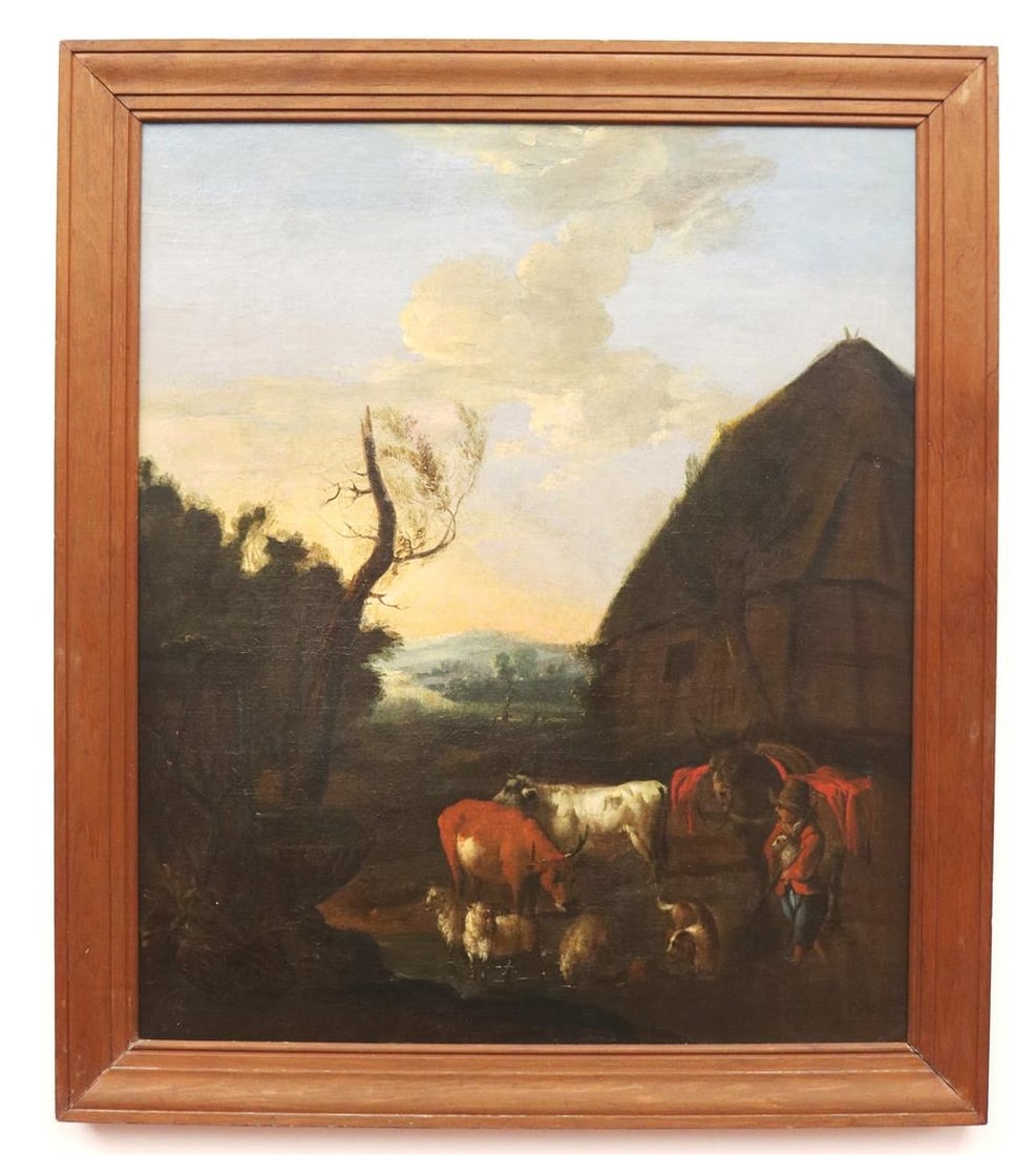 DUTCH SCHOOL (18th century or earlier). At the Watering Hole, Italianate Dutch painting. Oil on (1 of 20)