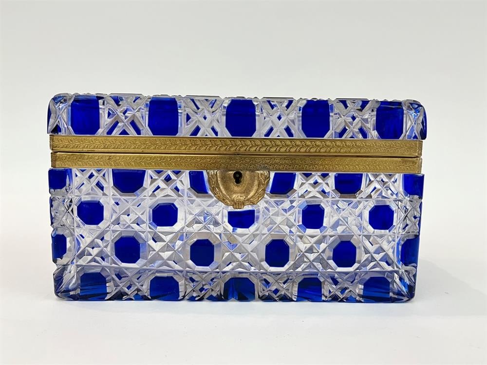 FRENCH BLUE AND COLORLESS CUT CRYSTAL RECTANGULAR JEWELRY CASKET WITH GILT METAL MOUNTS, - H: 5 1/2 (1 of 8)