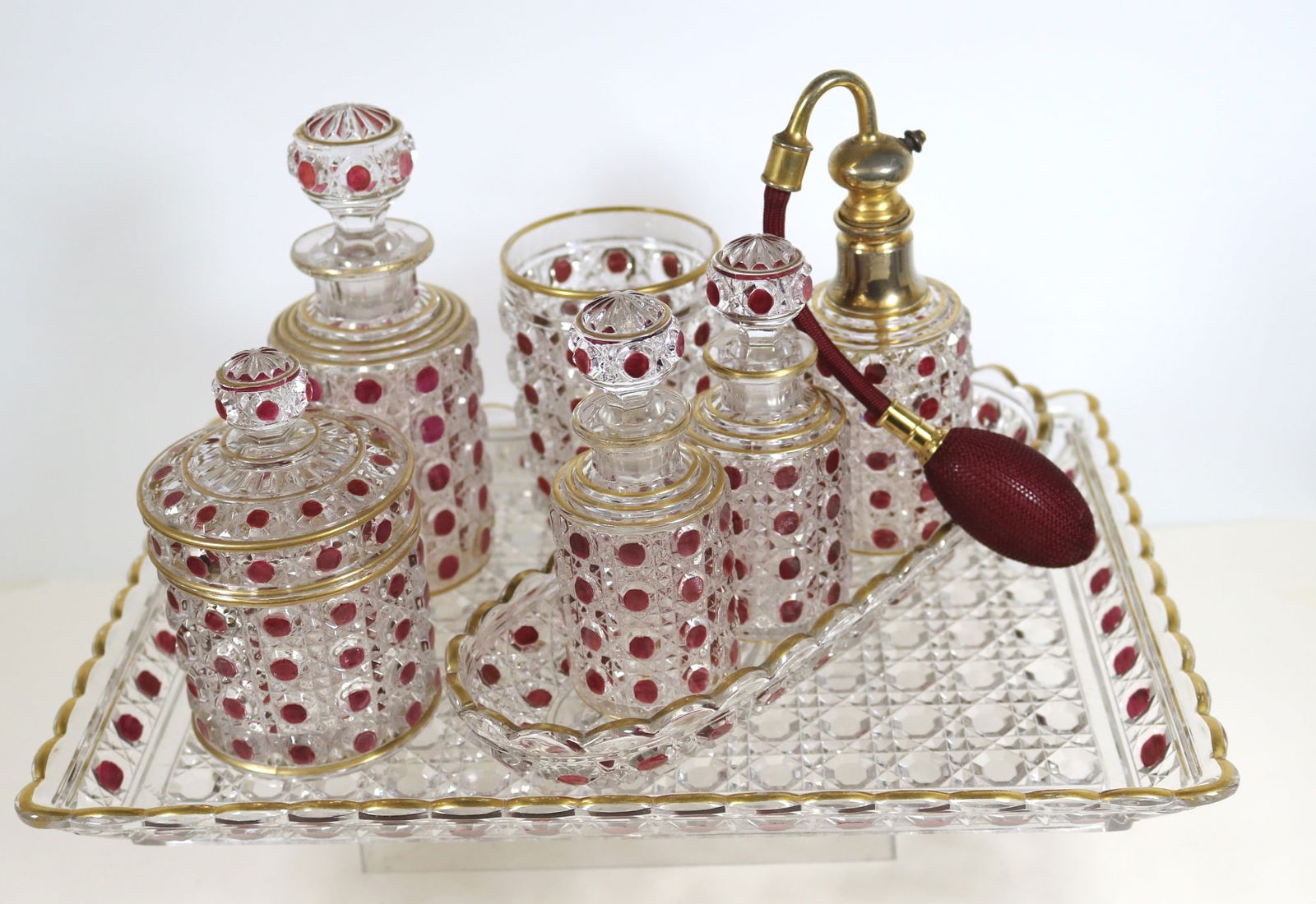 EIGHT-PIECE BACCARAT RED, GILT AND COLORLESS CRYSTAL VANITY SET, - Dresser tray, 13 in. x 9 1/4 in. (1 of 20)