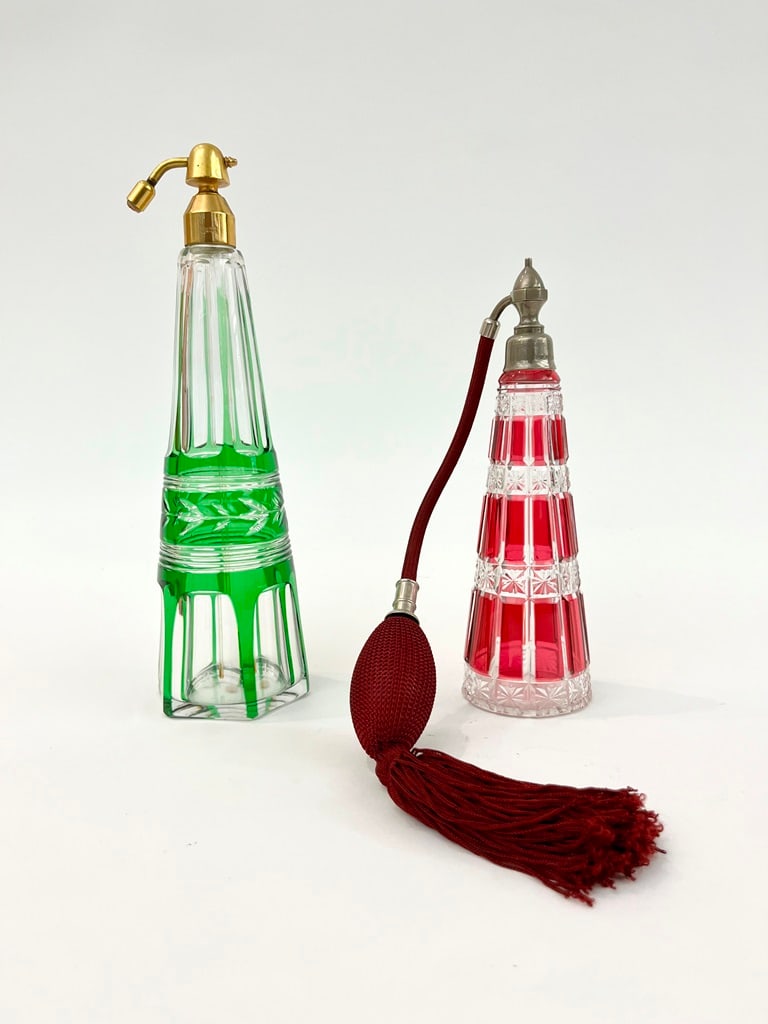 TWO COLOR-TO-COLORLESS CUT CRYSTAL PERFUME ATOMIZERS, - Taller, H: 9 3/4 in. (1 of 4)