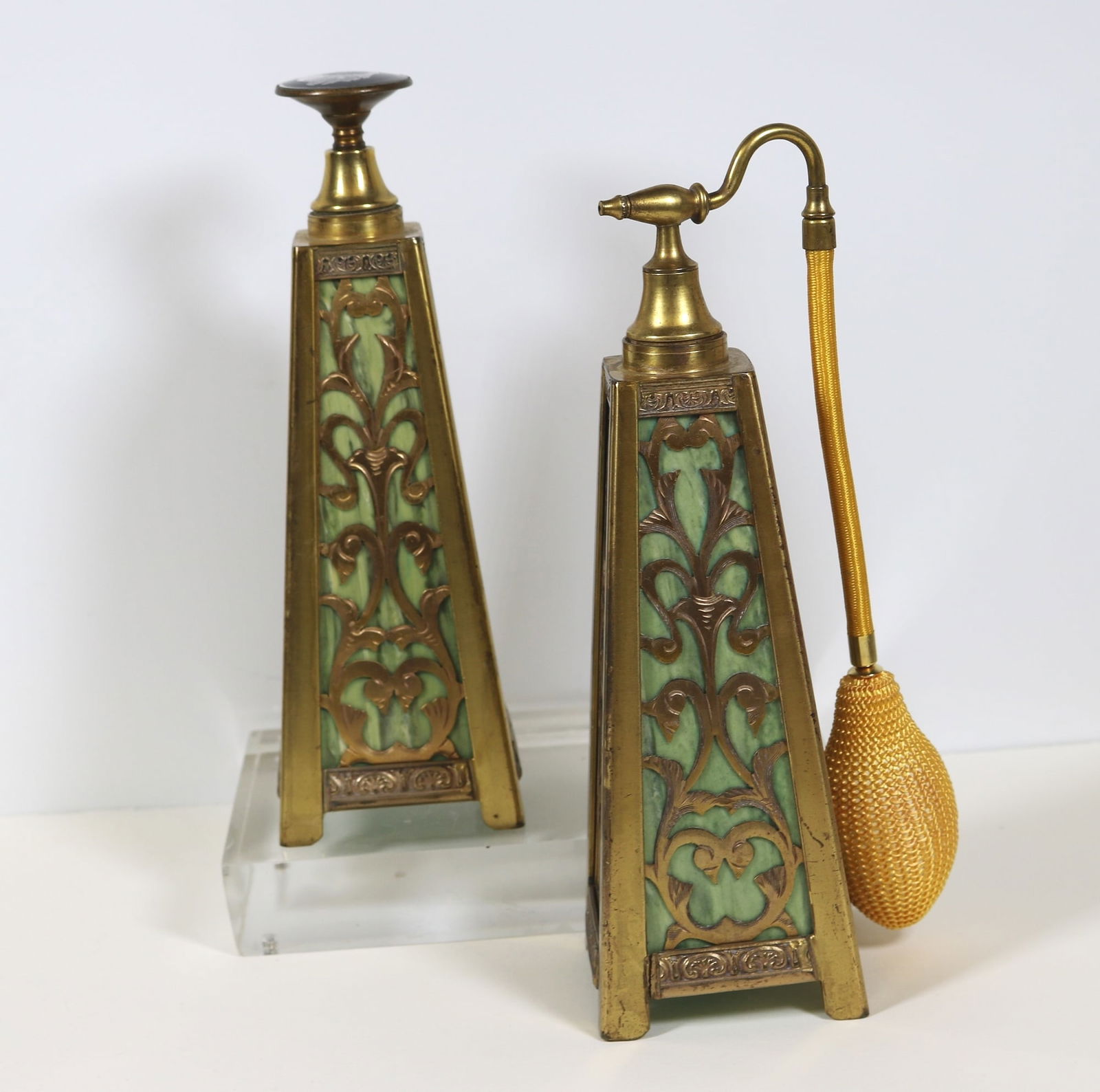 VINTAGE BRASS OVERLAY GREEN STRIATED PERFUME BOTTLE WITH MATCHING ATOMIZER, - H: 7 in. (1 of 17)