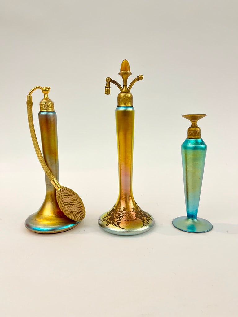 TWO CENTURY GOLD FAVRILE PERFUME ATOMIZERS, AND ONE BLUE FAVRILE PERFUME PERFUME BOTTLE, early 20th (1 of 9)
