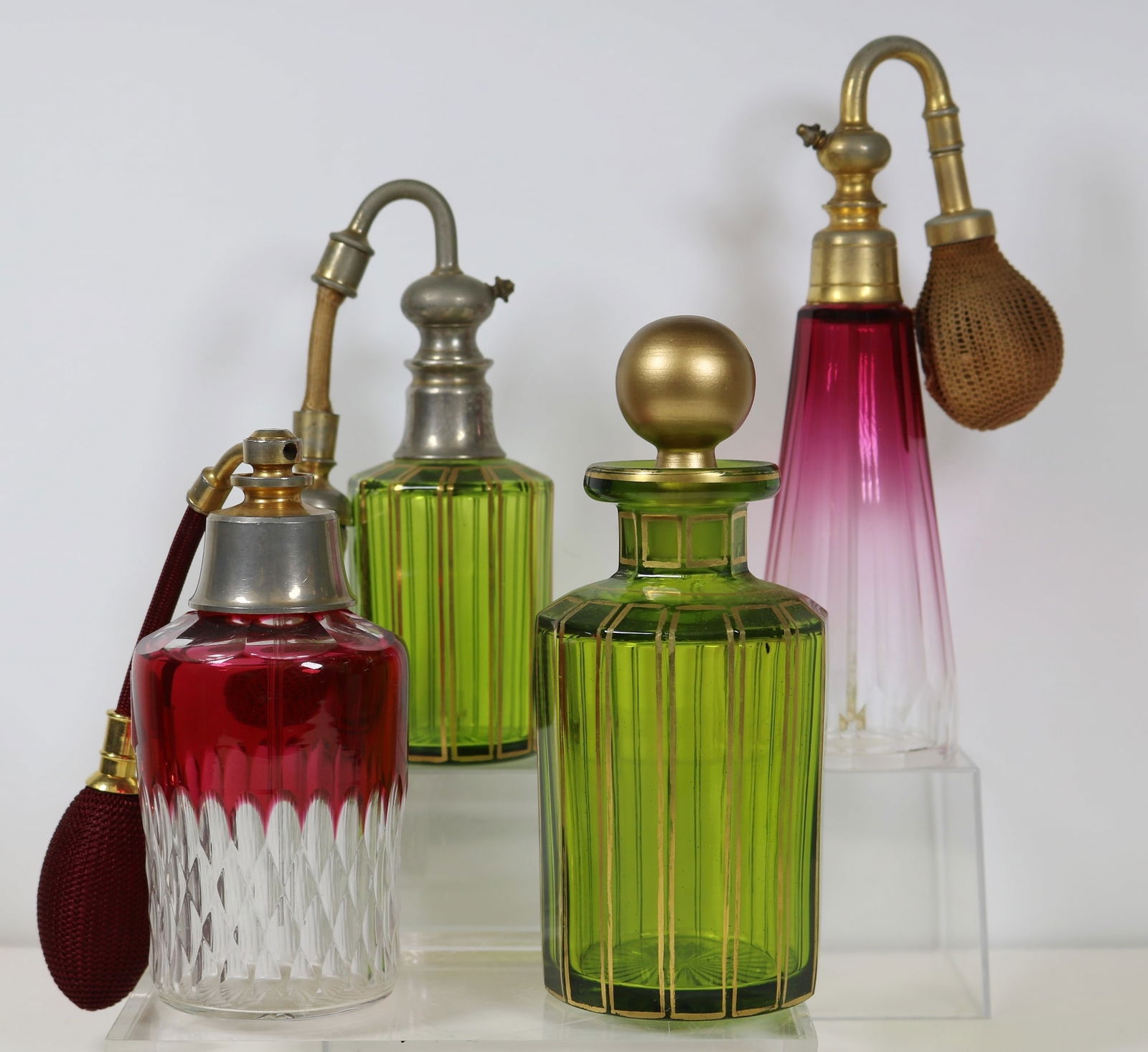 THREE VINTAGE CRYSTAL PERFUME ATOMIZERS AND ONE COLOGNE BOTTLE, - Tallest, H: 7 3/4 in. (1 of 9)