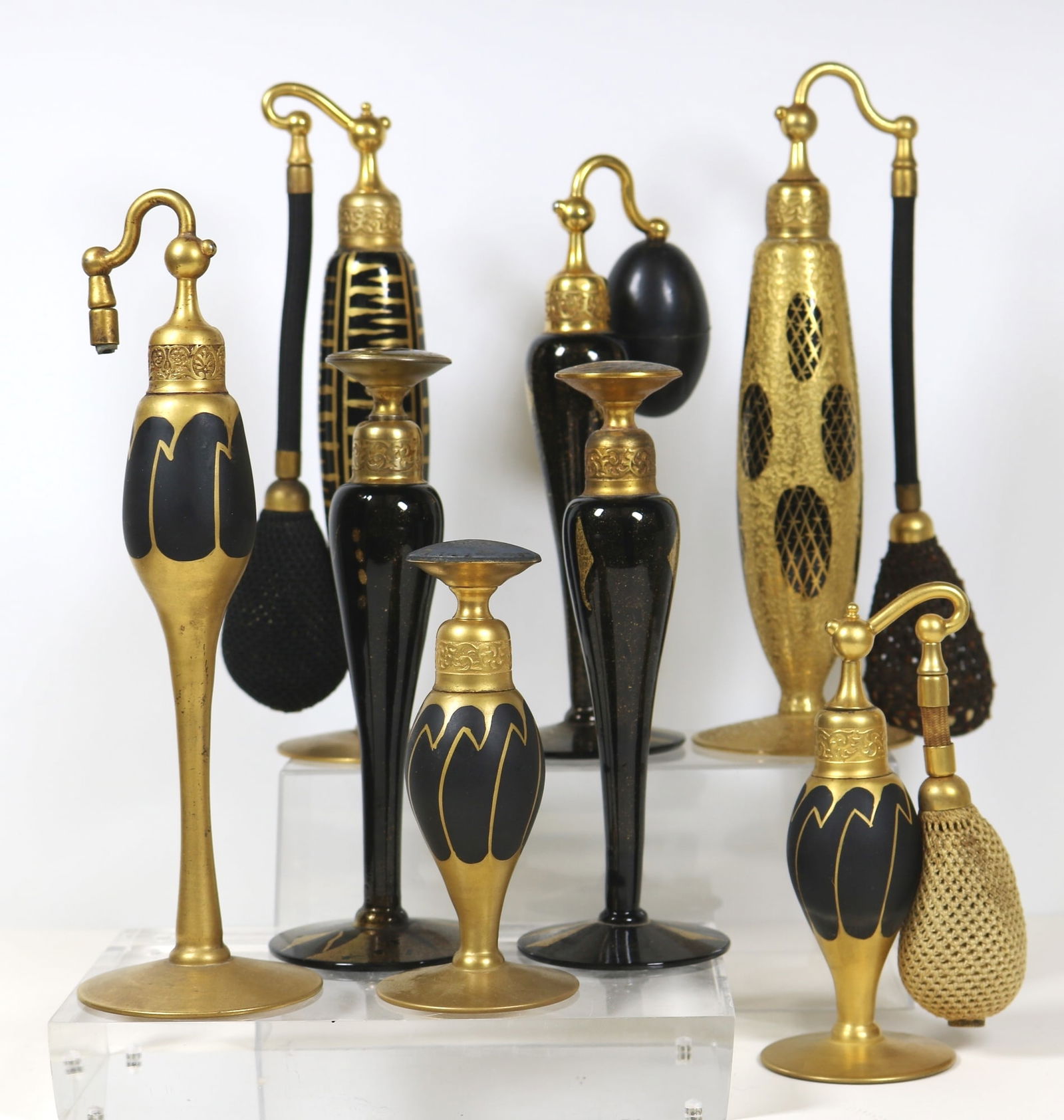 EIGHT VINTAGE BLACK AND GOLD DECORATED PERFUME BOTTLES AND ATOMIZERS, - tallest, H: 7 1/2 in. (1 of 18)