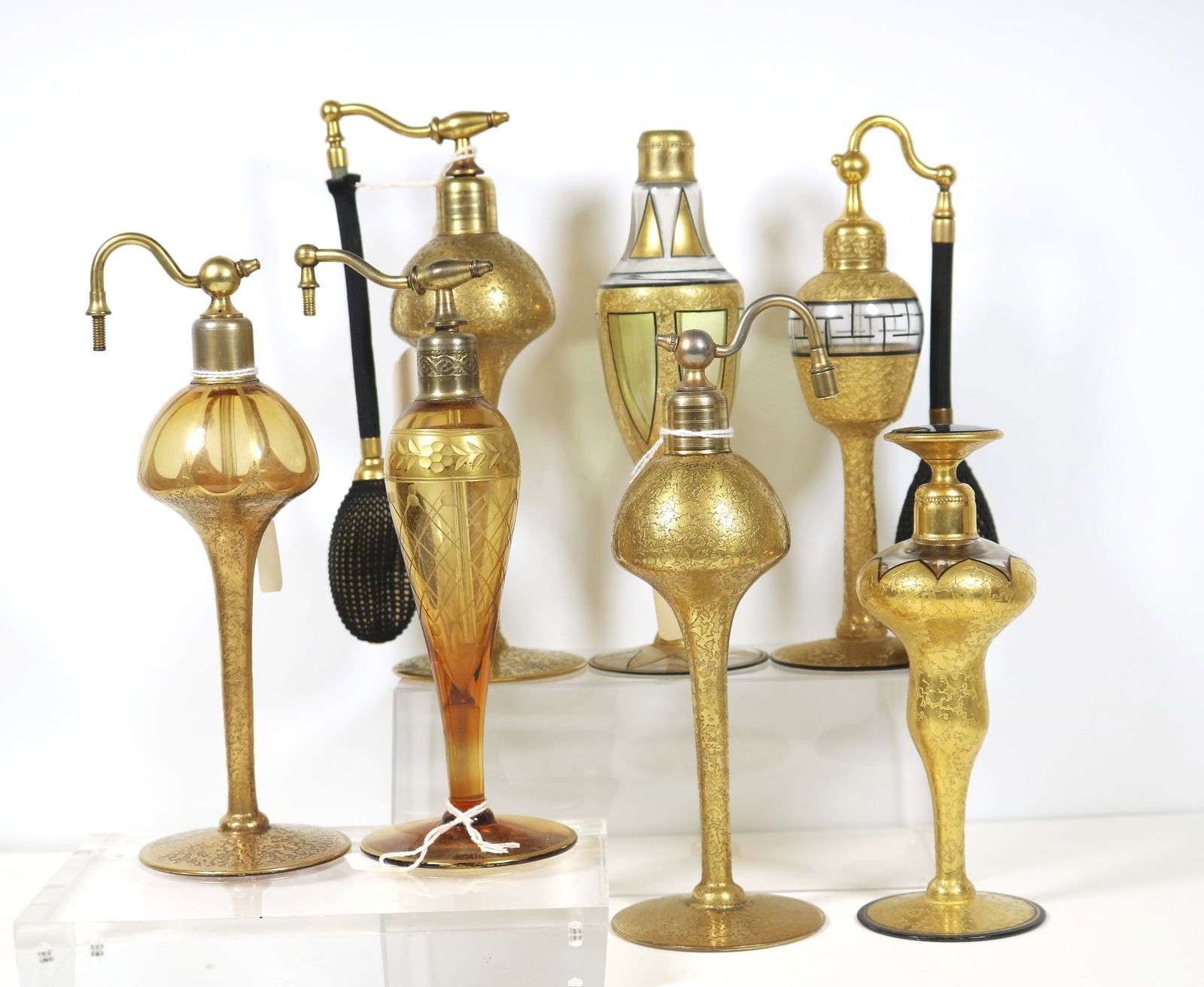 SIX ASSORTED VINTAGE GILT-DECORATED PERFUME ATOMIZERS AND ONE PERFUME BOTTLE, - Tallest, H: 7 1/4 (1 of 18)