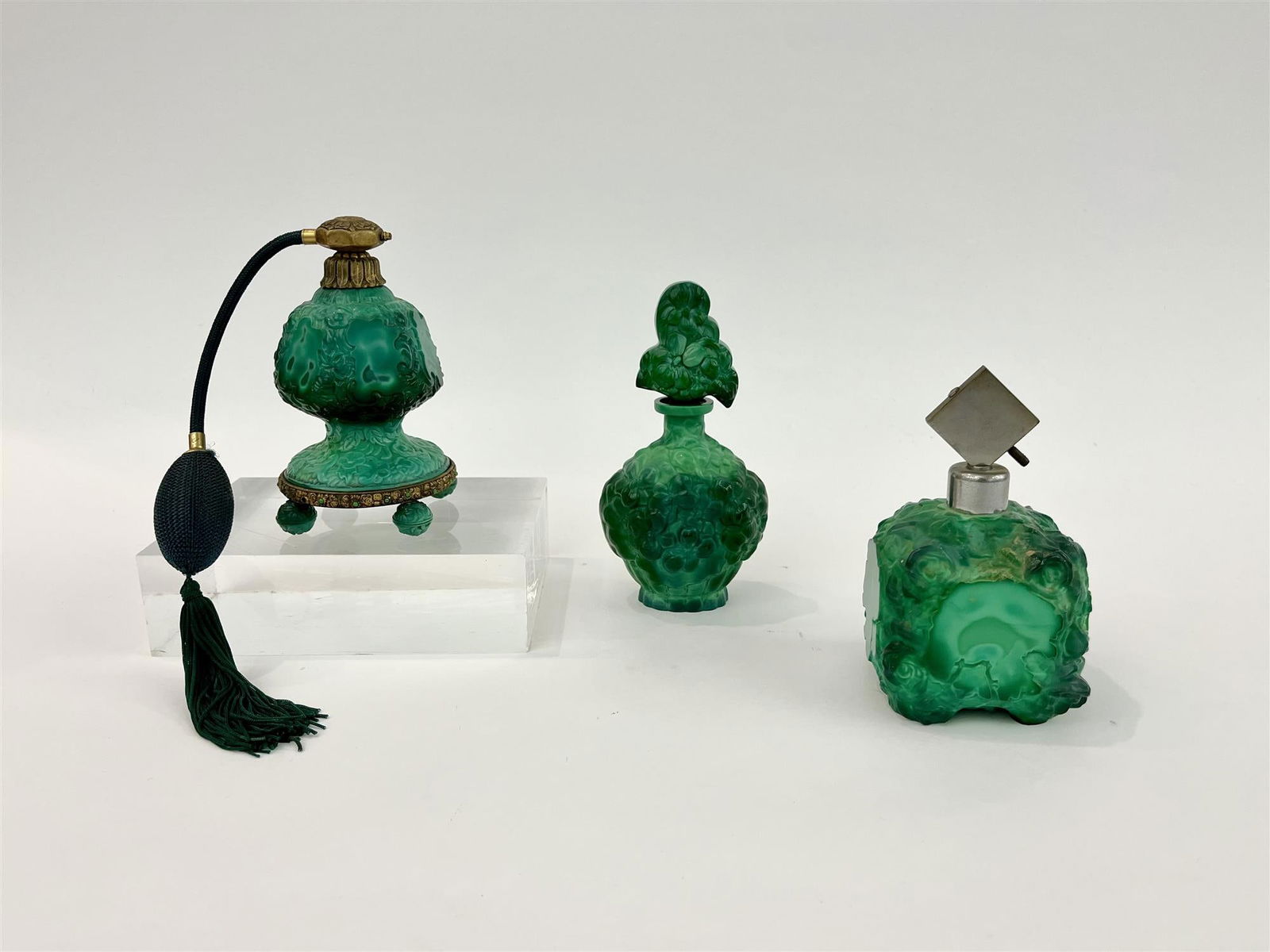 TWO VINTAGE MALACHITE GREEN RELIEF MODELED PERFUME ATOMIZERS AND CLOSELY SIMILAR PERFUME BOTTLE. - (1 of 8)