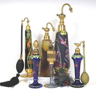 SIX VINTAGE VARIOUSLY POLYCHROMED PAINTED AND DECORATED GLASS PERFUME ATOMIZERS. - Tallest, H: 11: SIX VINTAGE VARIOUSLY POLYCHROMED PAINTED AND DECORATED GLASS PERFUME ATOMIZERS. - Tallest, H: 11 3/4 in.