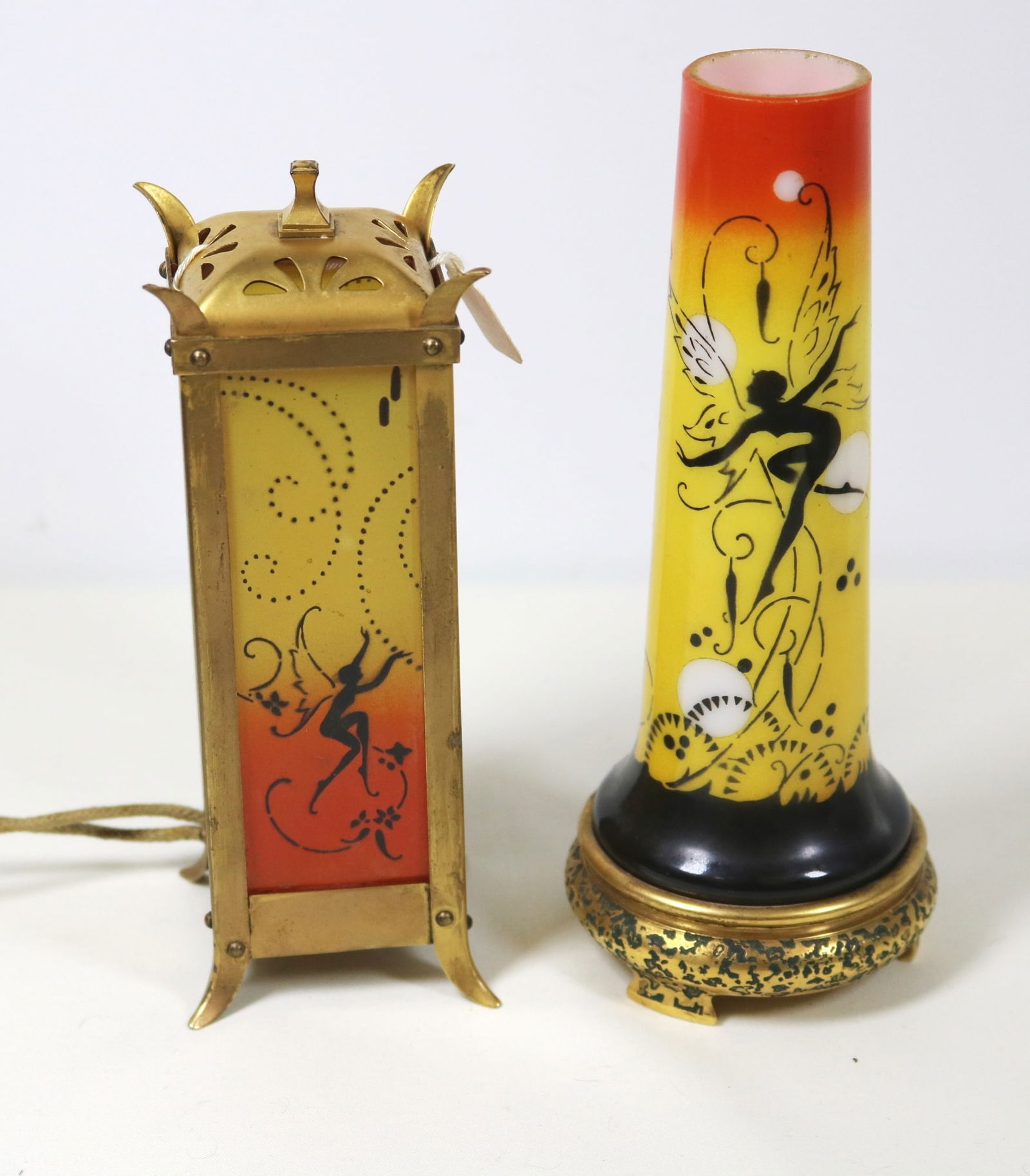 TWO ART DECO GILT-METAL MOUNTED SHADED GLASS PERFUME LAMPS, - Taller, H: 6 3/4 in. (1 of 4)