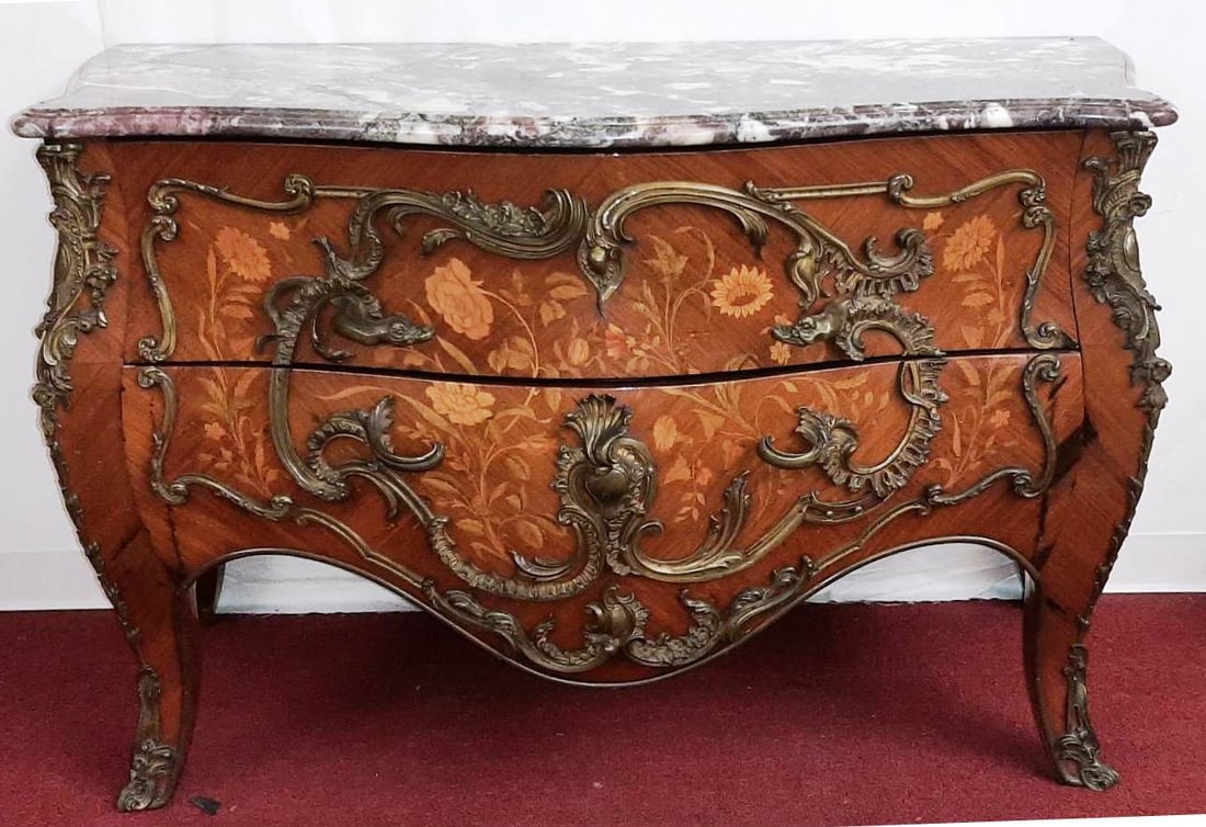 FRENCH LOUIS XV STYLE FLORAL MARQUETRY INLAID KINGWOOD TWO-DRAWER BOMBE COMMODE WITH GILT-METAL (1 of 10)