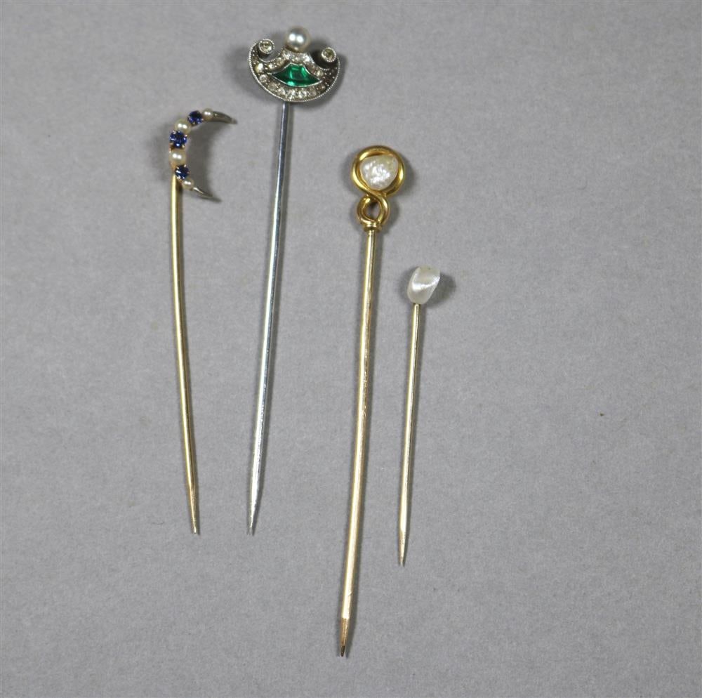 FOUR VICTORIAN/EDWARDIAN GOLD AND JEWELED STICKPINS, (1 of 8)