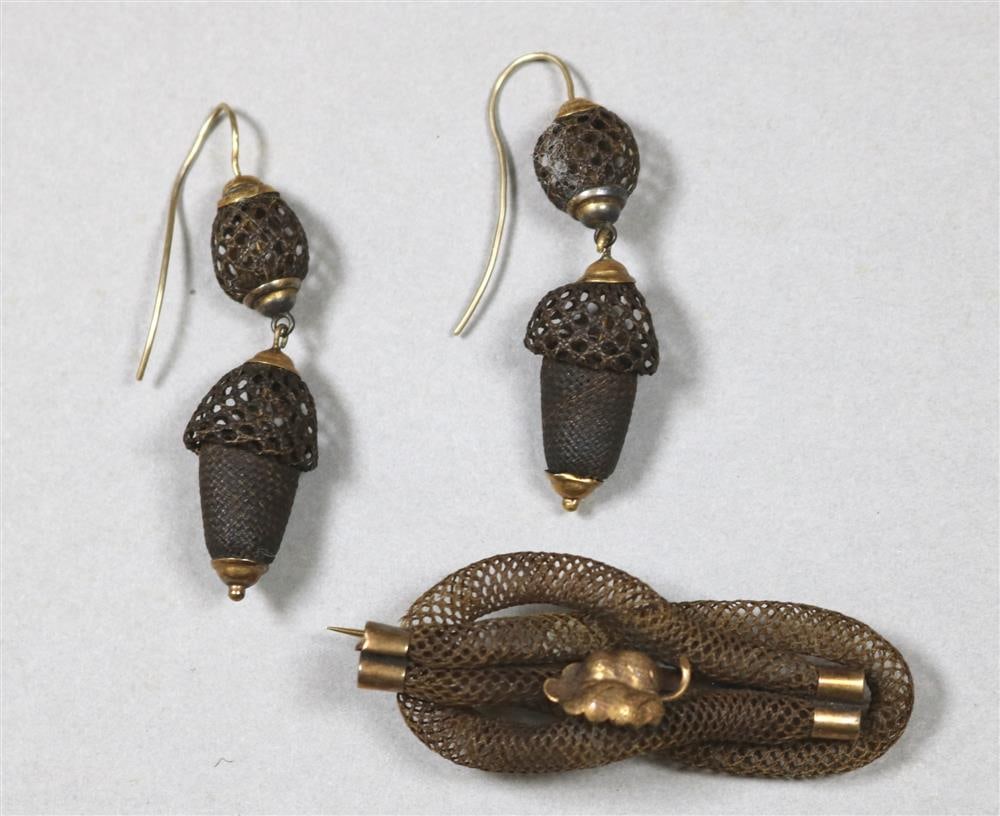 PAIR VICTORIAN ACORN-FORM WOVEN HAIR DROP EARRINGS WITH WOVEN HAIR PIN, (1 of 10)