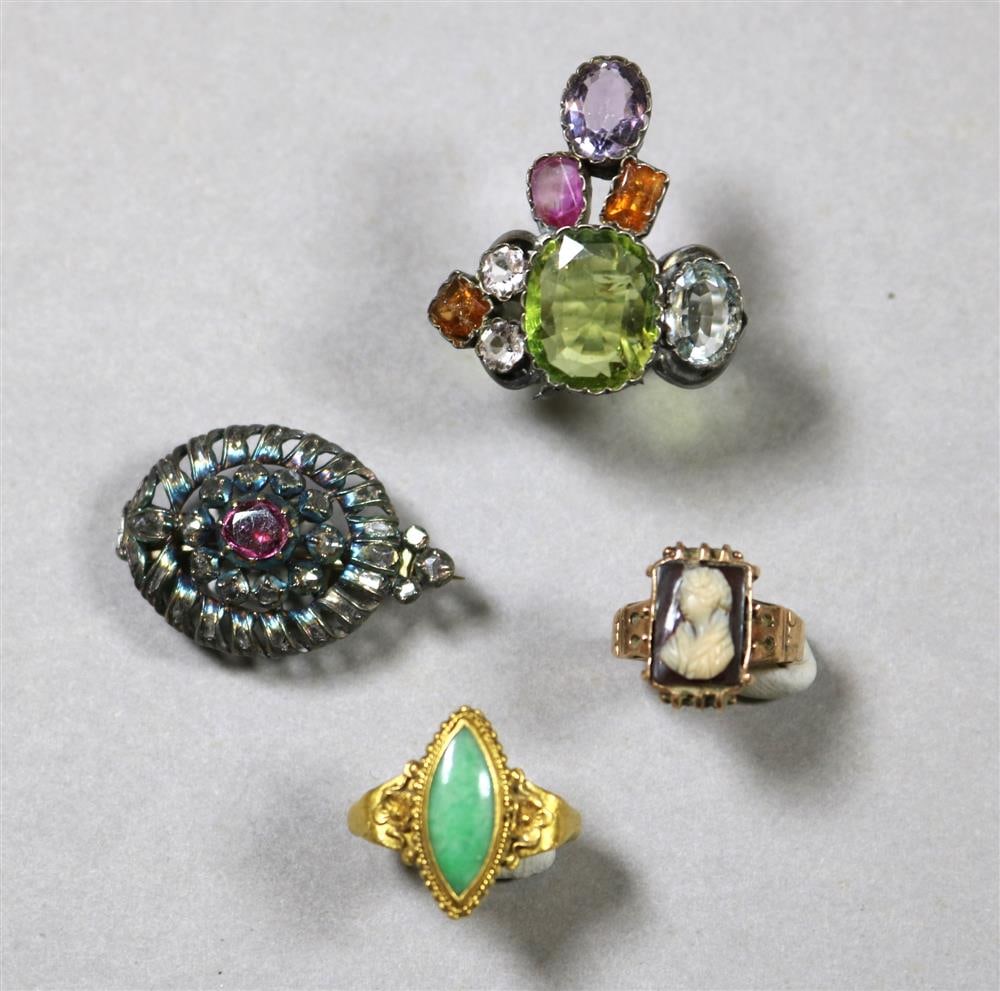 THREE GEMSTONE RINGS AND ONE OVAL PIN, 19th century. - Pin, L: 1 1/8 in. (1 of 18)