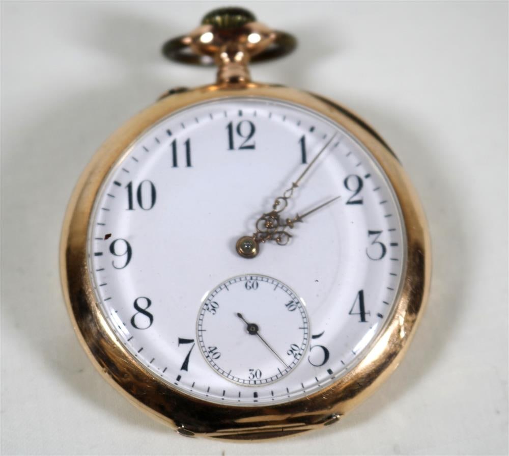 GERMAN 14K (585) YELLOW GOLD OPEN-FACE POCKETWATCH. late 19th century. (1 of 12)